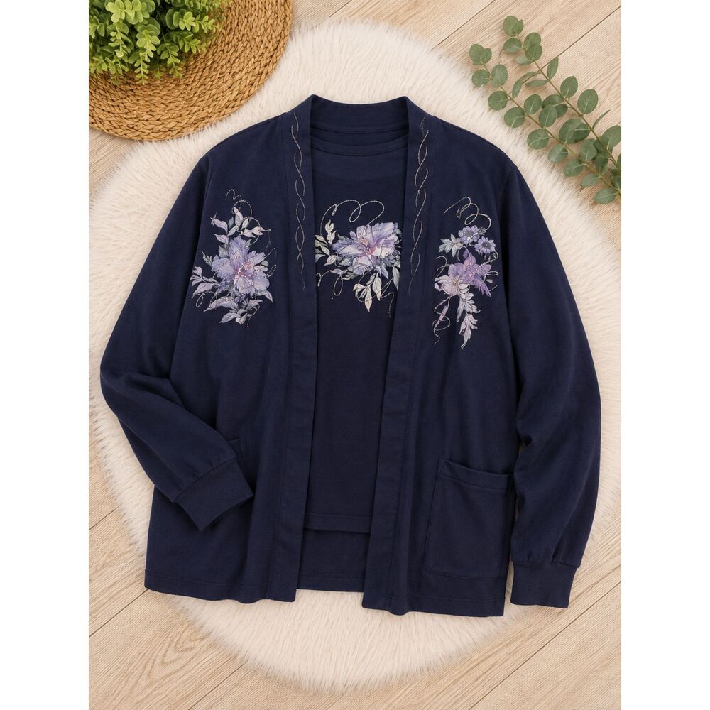 Vintage AngeDomi Italia USA Navy Floral 2 Piece Cardigan Sweater Set XL Made in